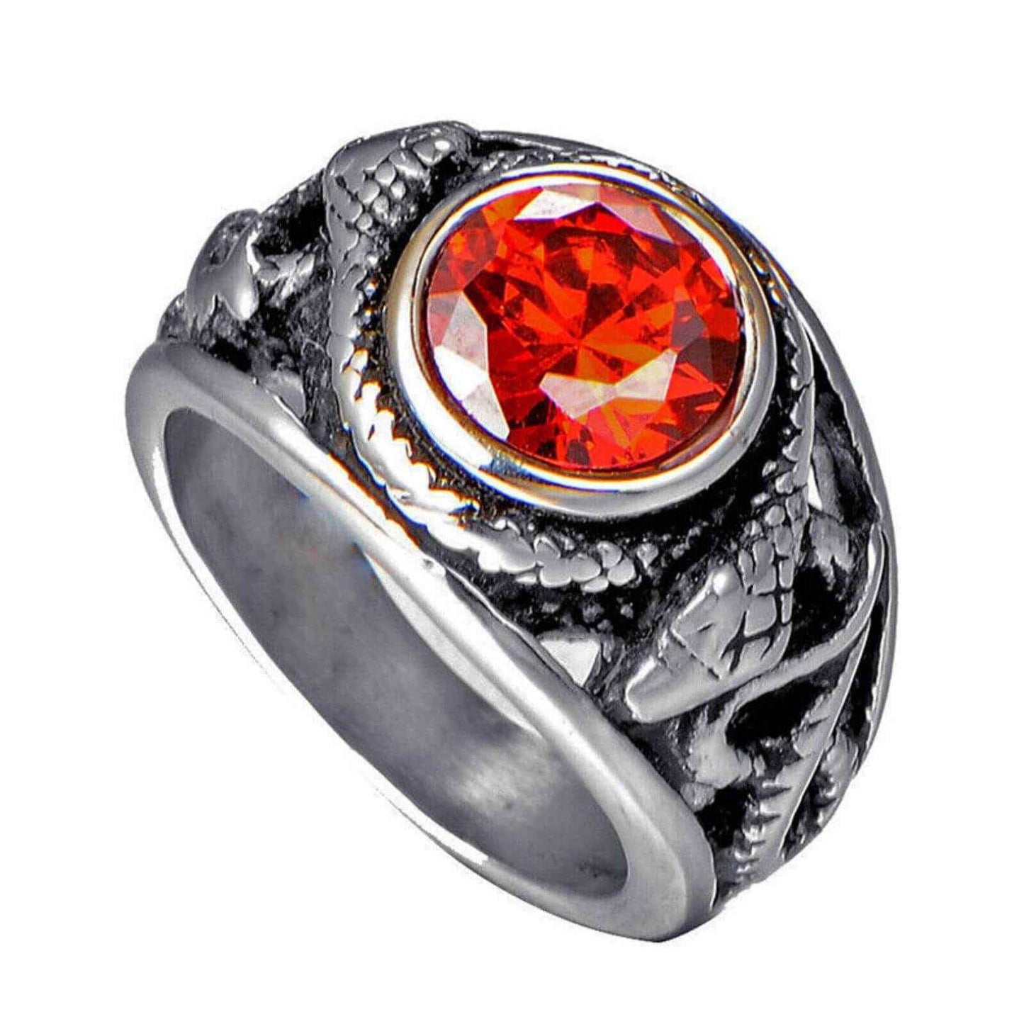 Snake Red Crystal Mens Silver Ring