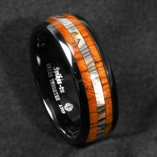 Mens Black Abalone Wood Tungsten Ring 8mm