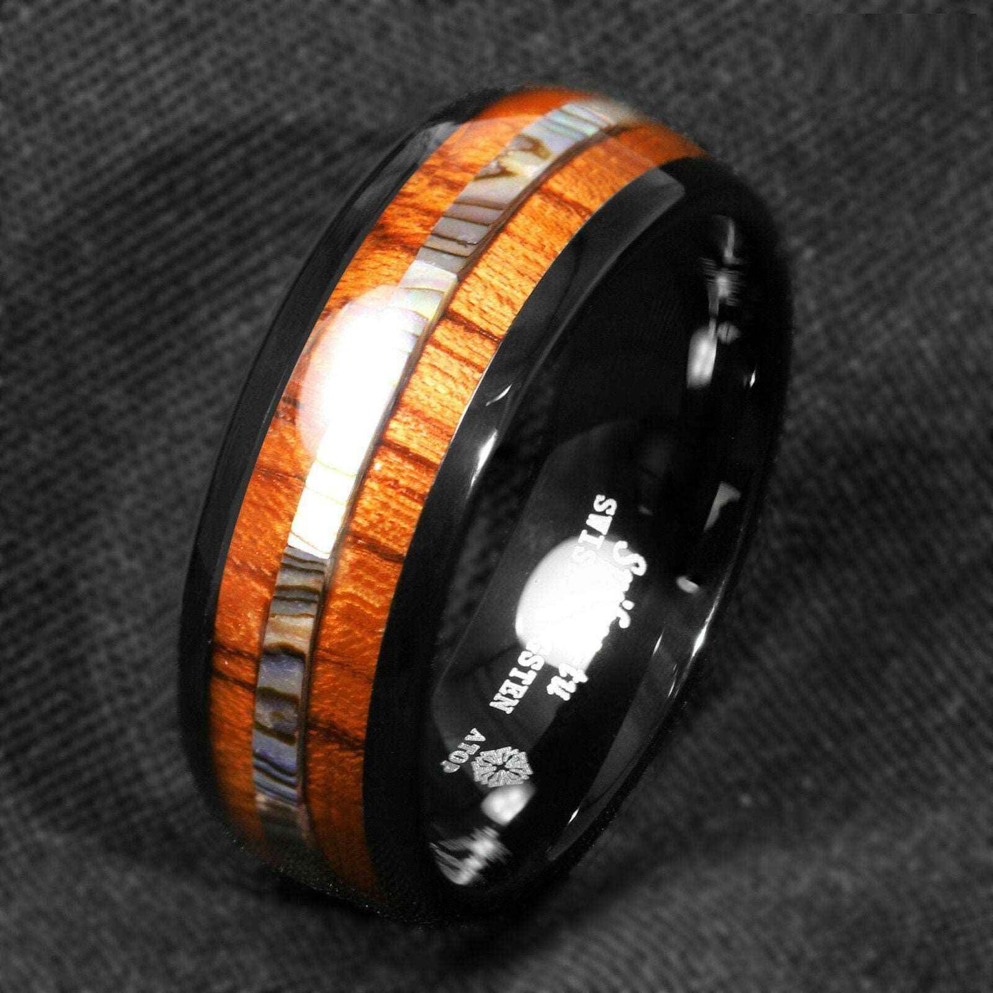 Mens Black Abalone Wood Tungsten Ring 8mm