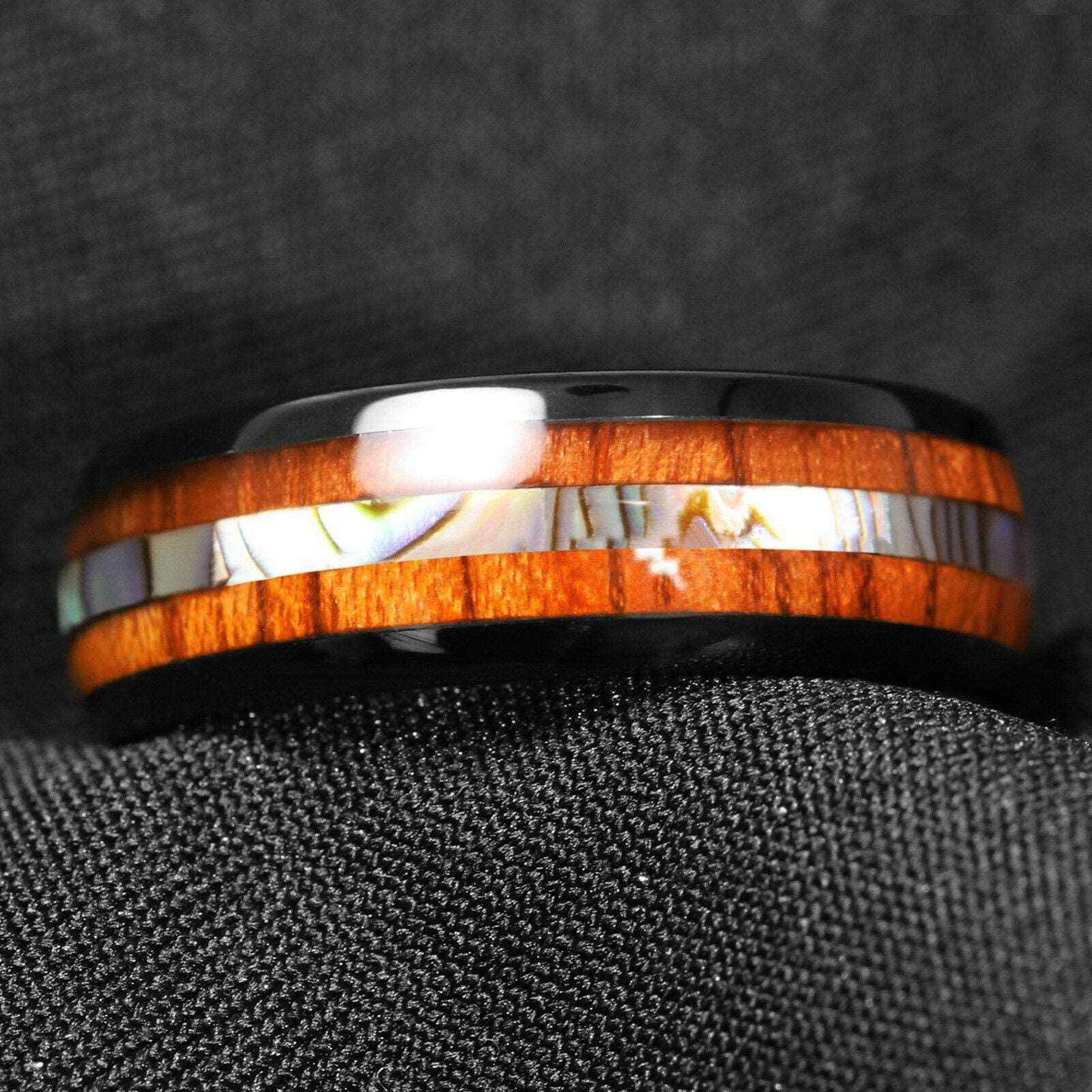 Mens Black Abalone Wood Tungsten Ring 8mm