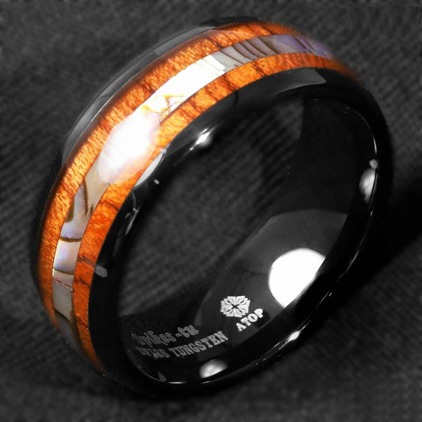 Mens Black Abalone Wood Tungsten Ring 8mm