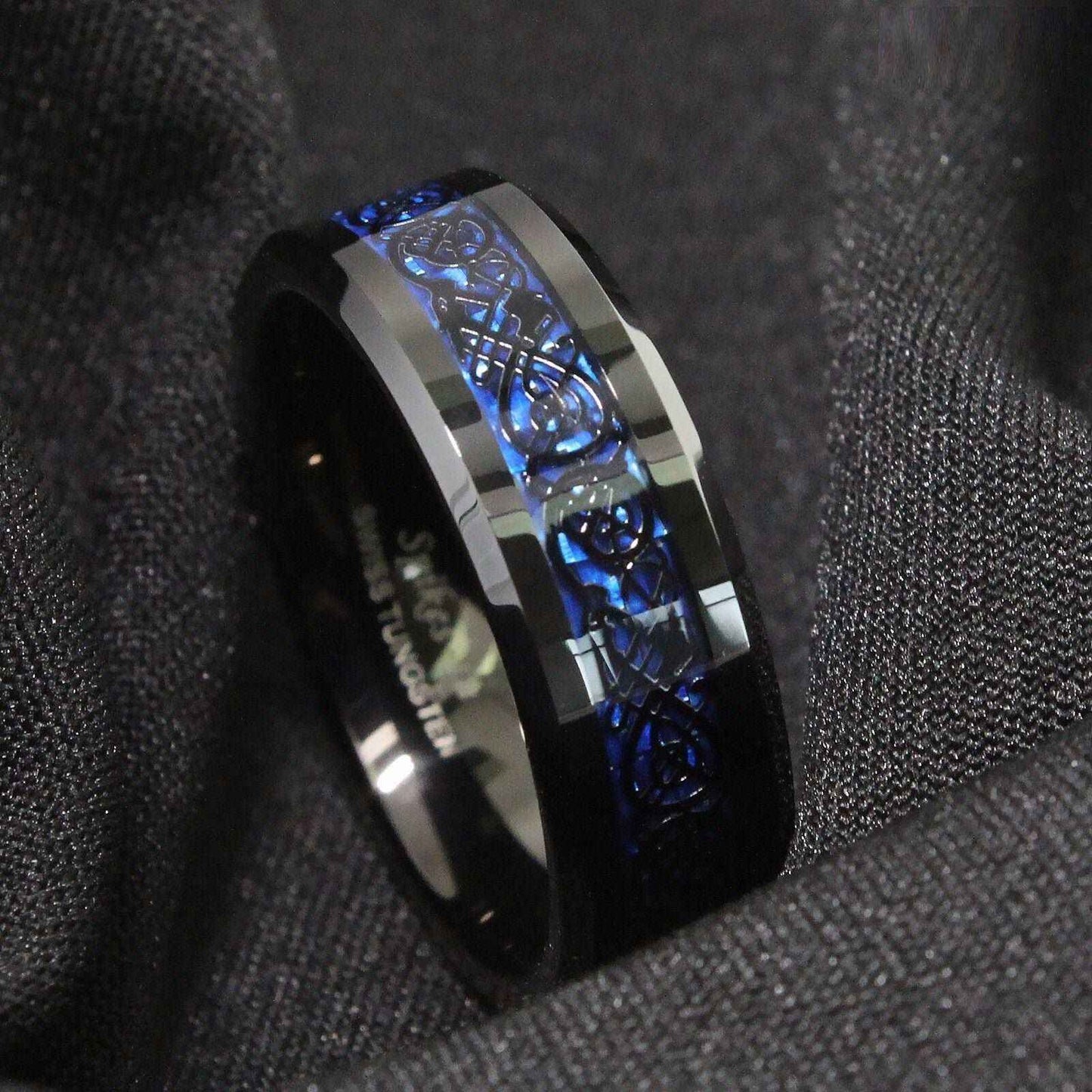 Buy Black Blue Celtic Dragon Tungsten Ring 8mm