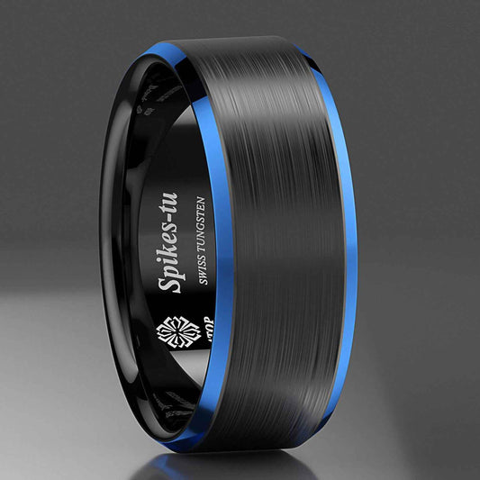 Buy Black Brushed Blue Edge Tungsten Ring - 8mm