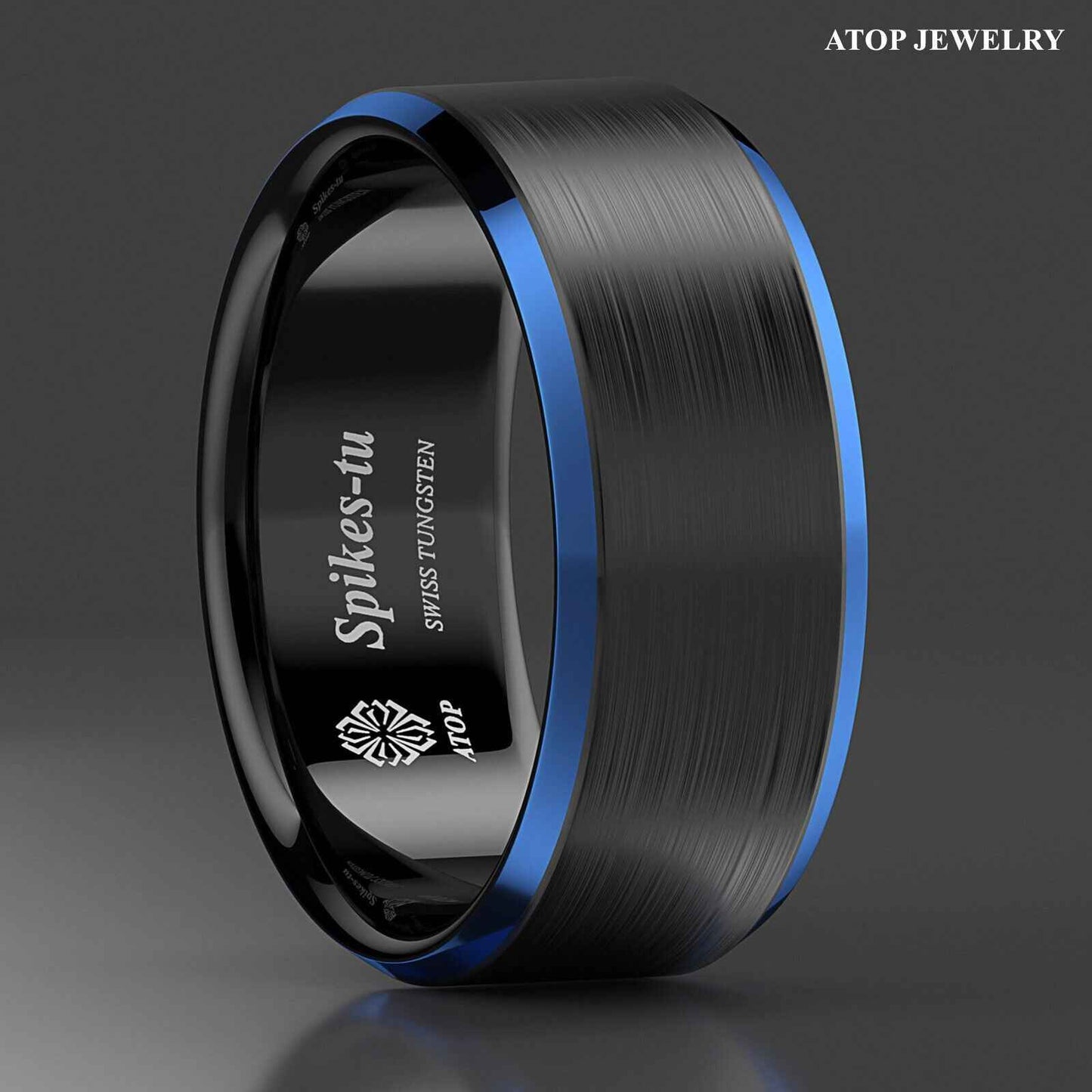 Buy Black Brushed Blue Edge Tungsten Ring - 8mm