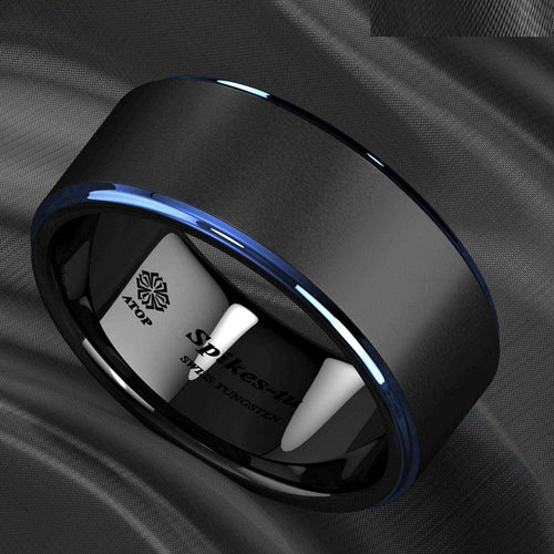 Buy Black Brushed Blue Stripe Tungsten Ring - 8mm