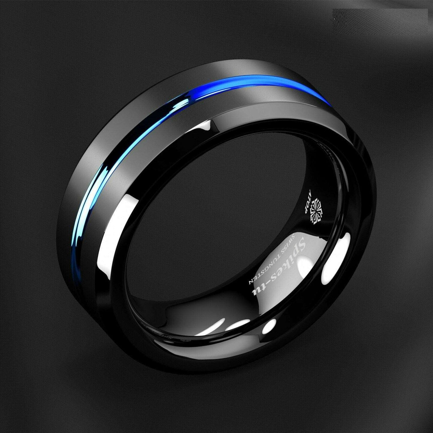 Blue Stripe Black Edge Tungsten Ring 8mm - Mens Rings Australia