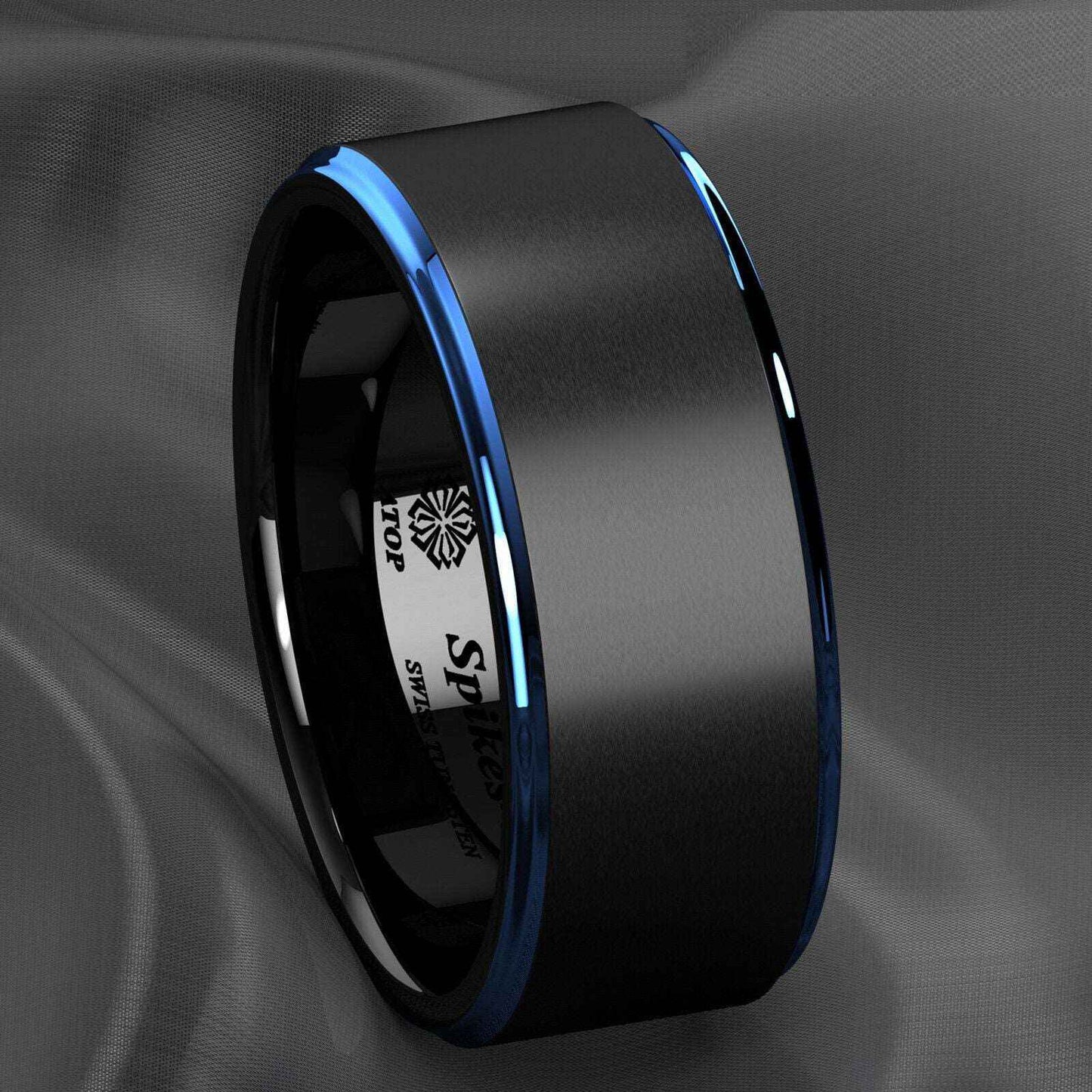 Buy Black Brushed Blue Stripe Tungsten Ring - 8mm
