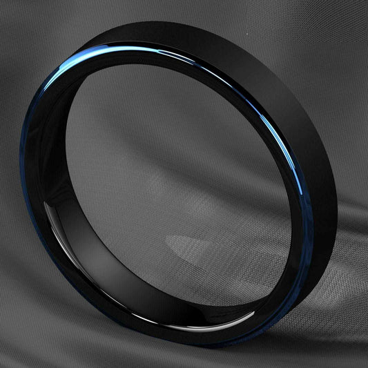 Buy Black Brushed Blue Stripe Tungsten Ring - 6mm