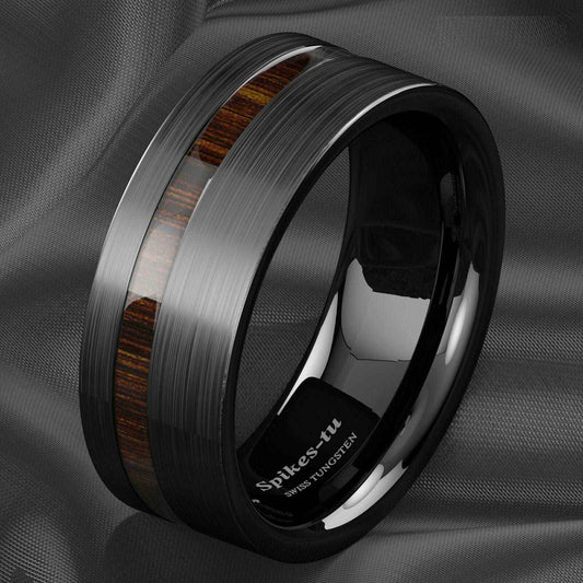 Buy Black Brushed Center Koa Wood Tungsten Ring - 8mm