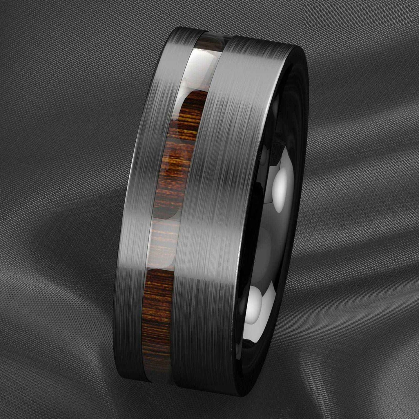 Buy Black Brushed Center Koa Wood Tungsten Ring - 8mm