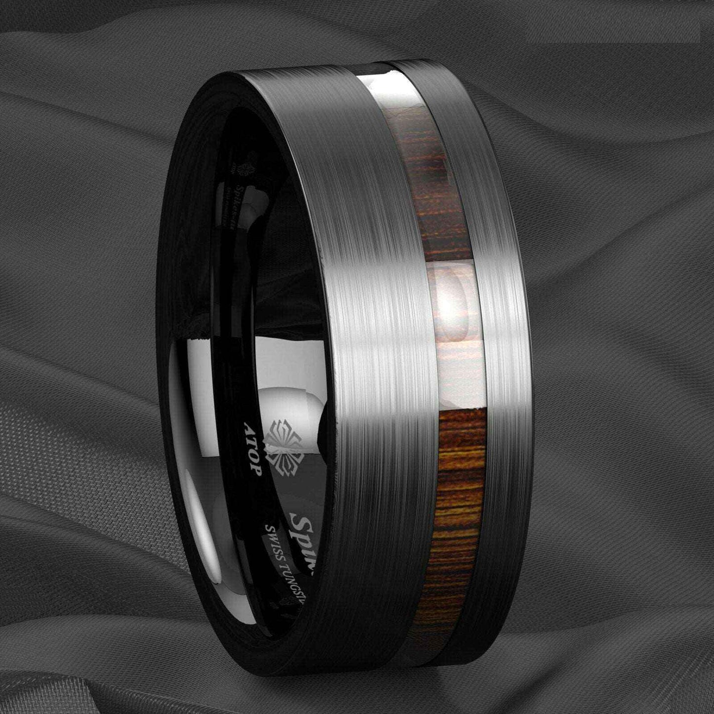 Buy Black Brushed Center Koa Wood Tungsten Ring - 8mm