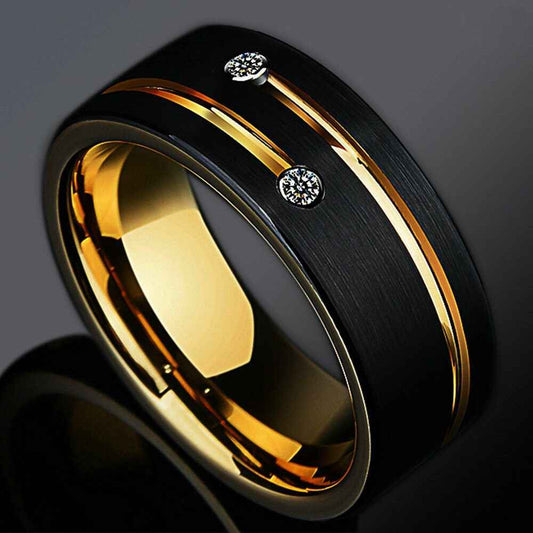 Black Brushed Grooved Gold Tungsten Ring - 8mm