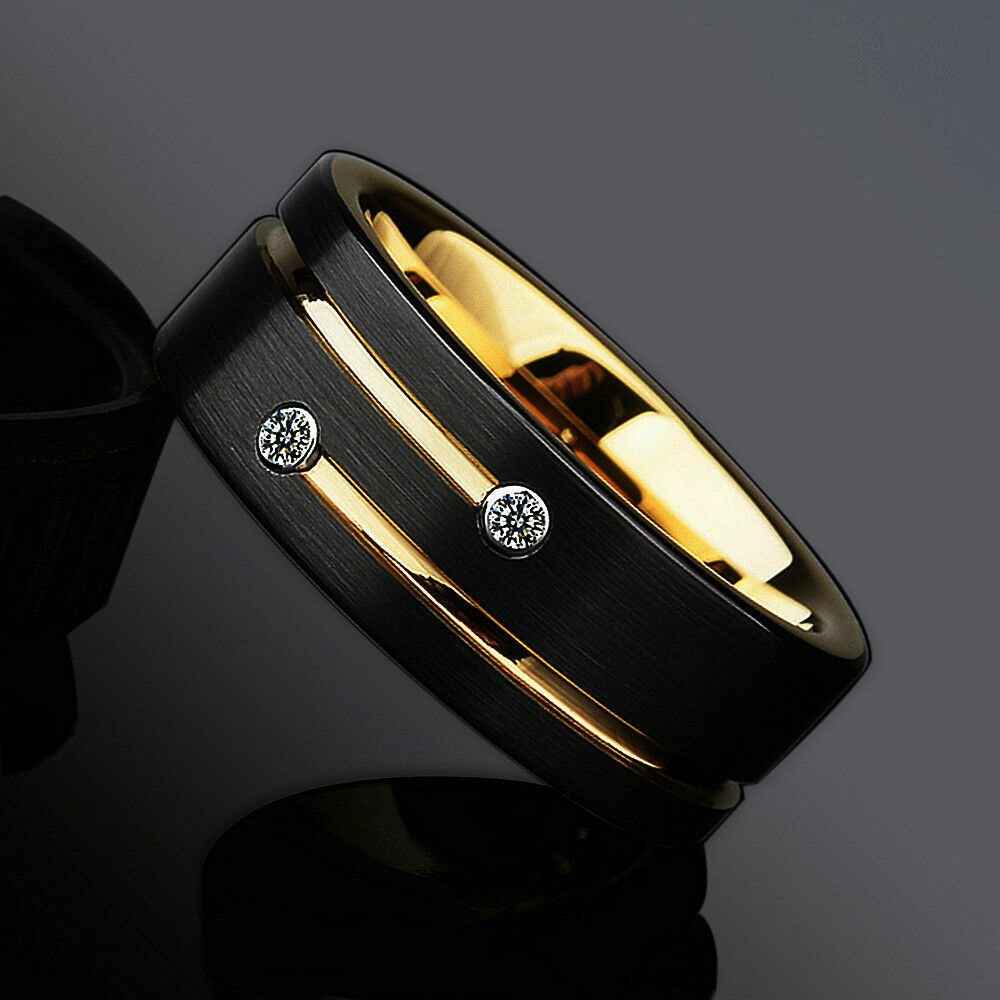 Black Brushed Grooved Gold Tungsten Ring - 8mm