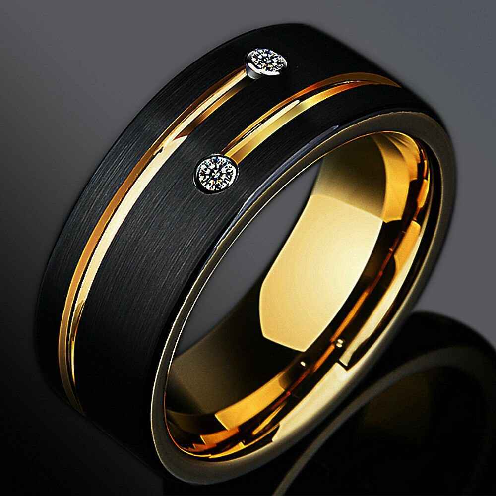 Black Brushed Grooved Gold Tungsten Ring - 8mm