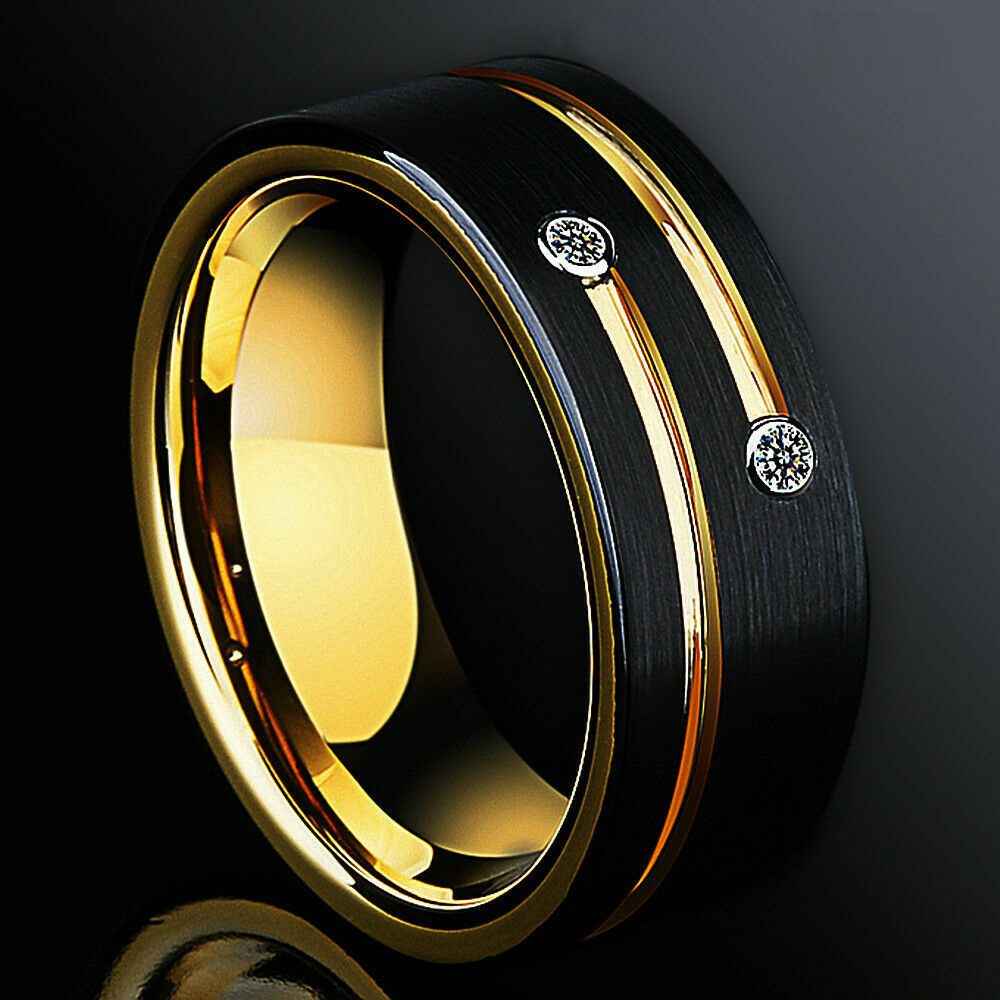Black Brushed Grooved Gold Tungsten Ring - 8mm