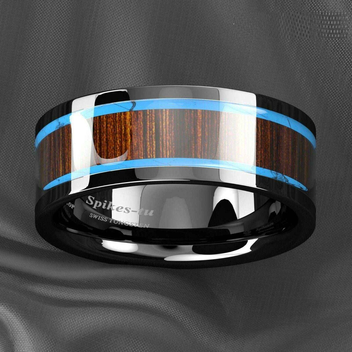 Black Tungsten Ring with Turquoise & Koa Wood Inlay (8mm)