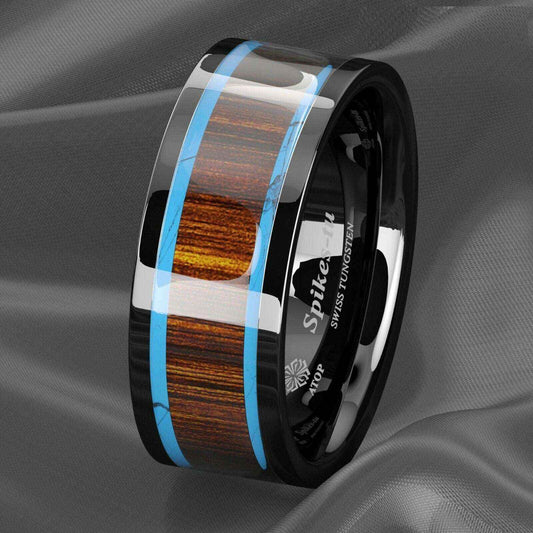 Black Tungsten Ring with Turquoise & Koa Wood Inlay (8mm)