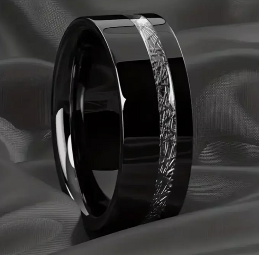 Black and Silver Stripe Titanium Ring Band for Men 8mm