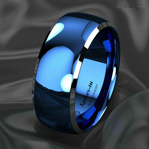 Blue Domed Silver Edges Tungsten Ring 8mm