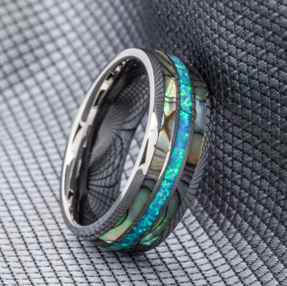 Silver Blue Opal Mens Titanium Ring