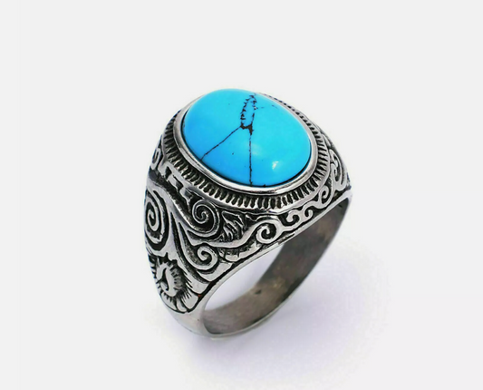 Blue Turquoise Stone Men Titanium Ring - MRA