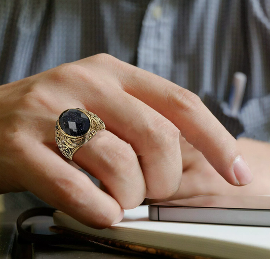 Gold and Black Stone Mens Titanium Ring