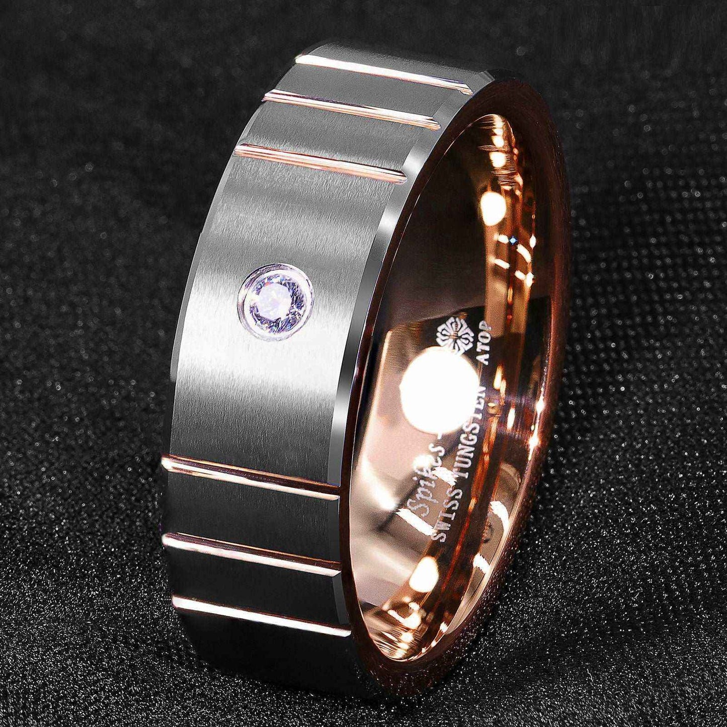 Buy 8mm Rose Gold Silver Diamond Tungsten Ring
