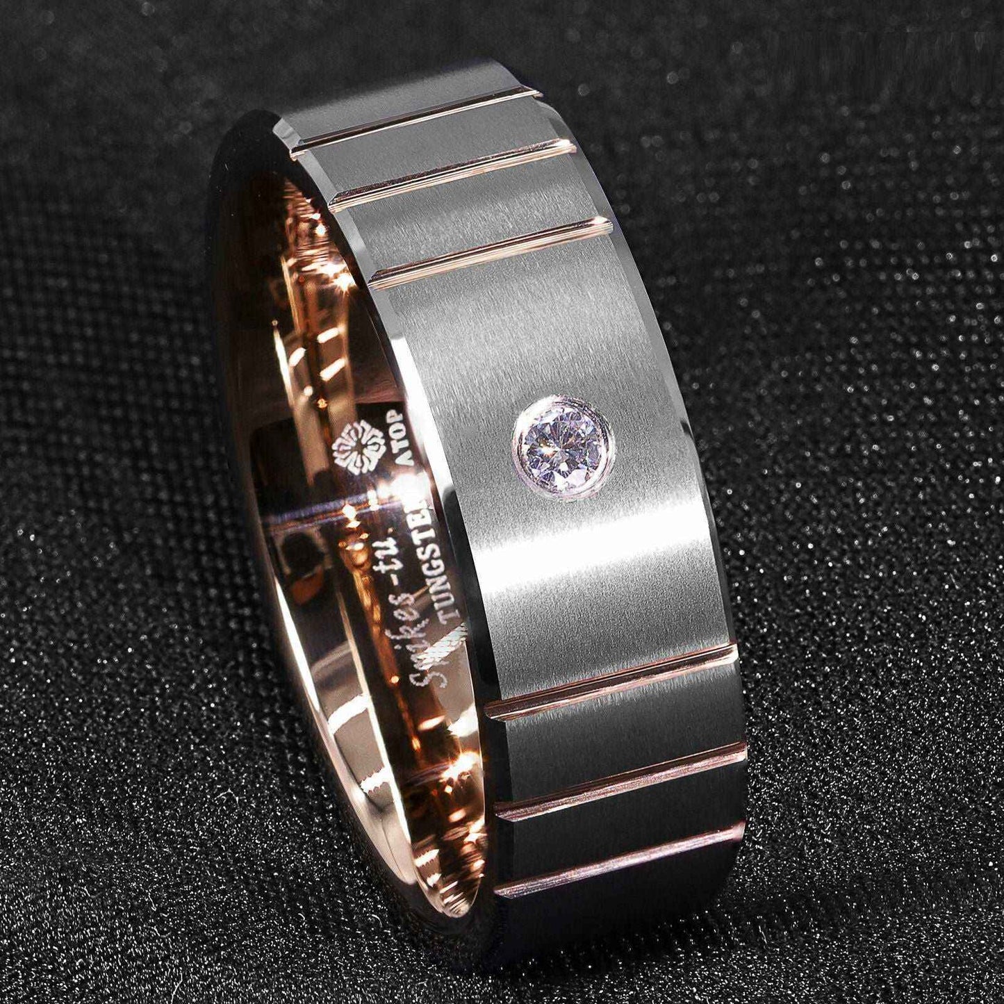 Buy 8mm Rose Gold Silver Diamond Tungsten Ring