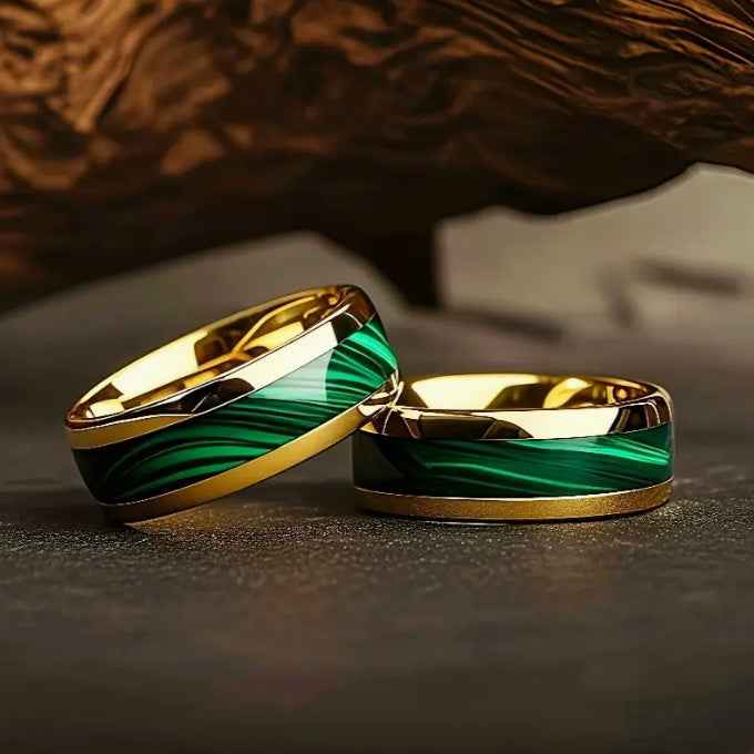 Mens Anniversary Wedding Dress Ring Gold Band with Marble Green Ladies Accessory