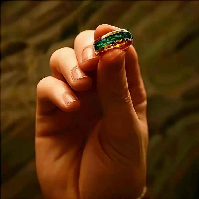 Mens Anniversary Wedding Dress Ring Gold Band with Marble Green Ladies Accessory
