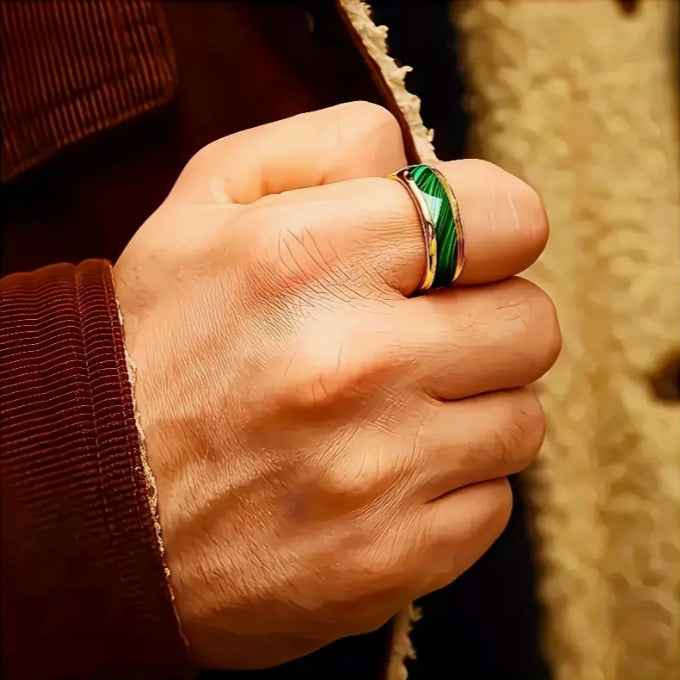Mens Anniversary Wedding Dress Ring Gold Band with Marble Green Ladies Accessory