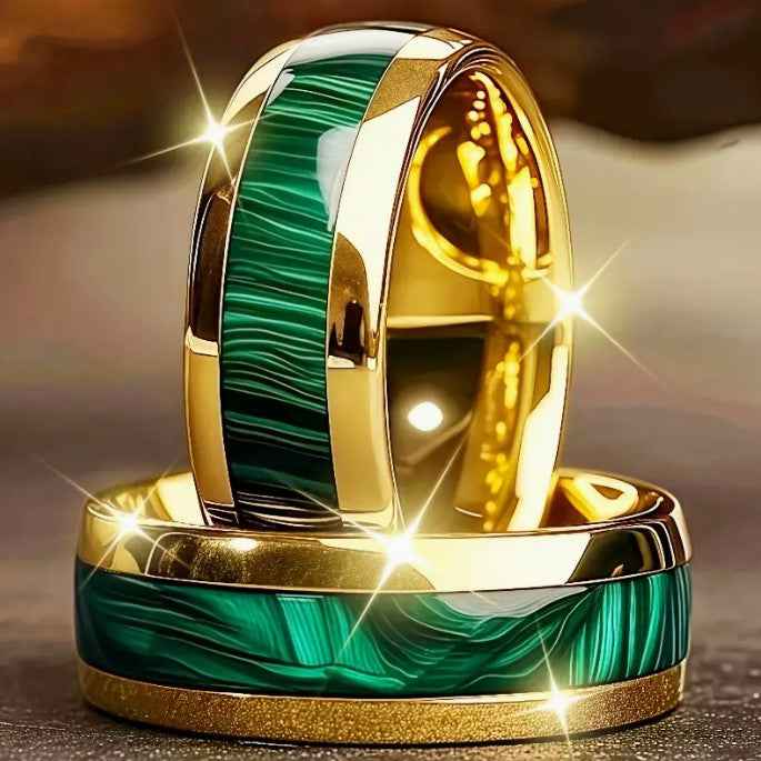 Mens Anniversary Wedding Dress Ring Gold Band with Marble Green Ladies Accessory