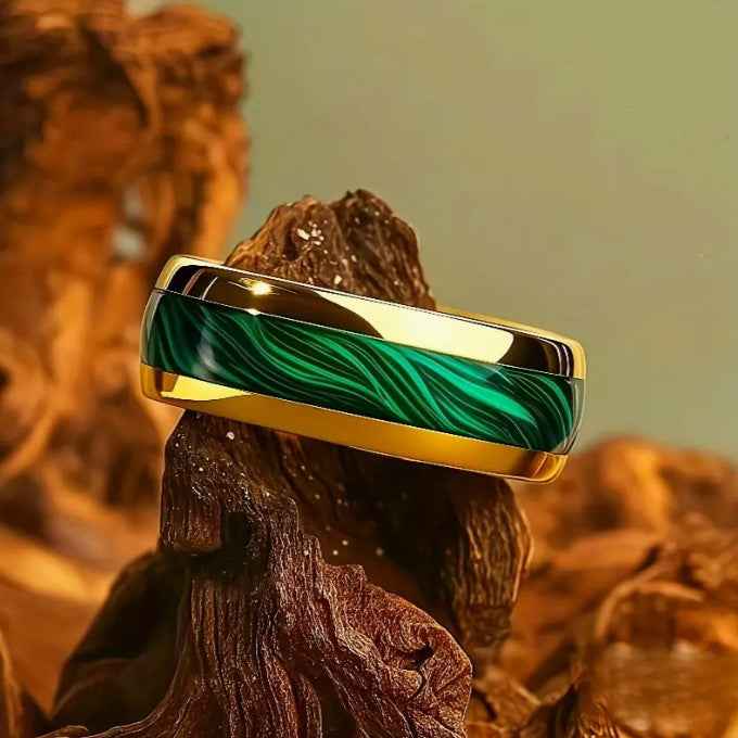 Mens Anniversary Wedding Dress Ring Gold Band with Marble Green Ladies Accessory