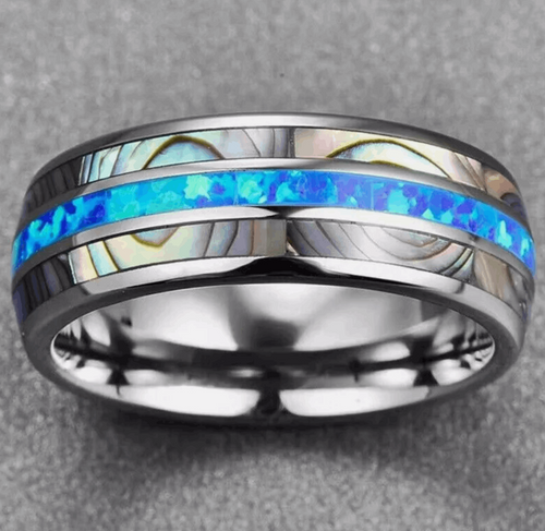 Silver Blue Opal Mens Titanium Ring