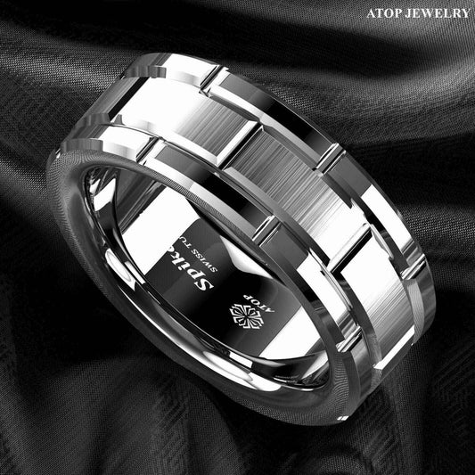 Silver Brick Pattern Tungsten Ring 8mm
