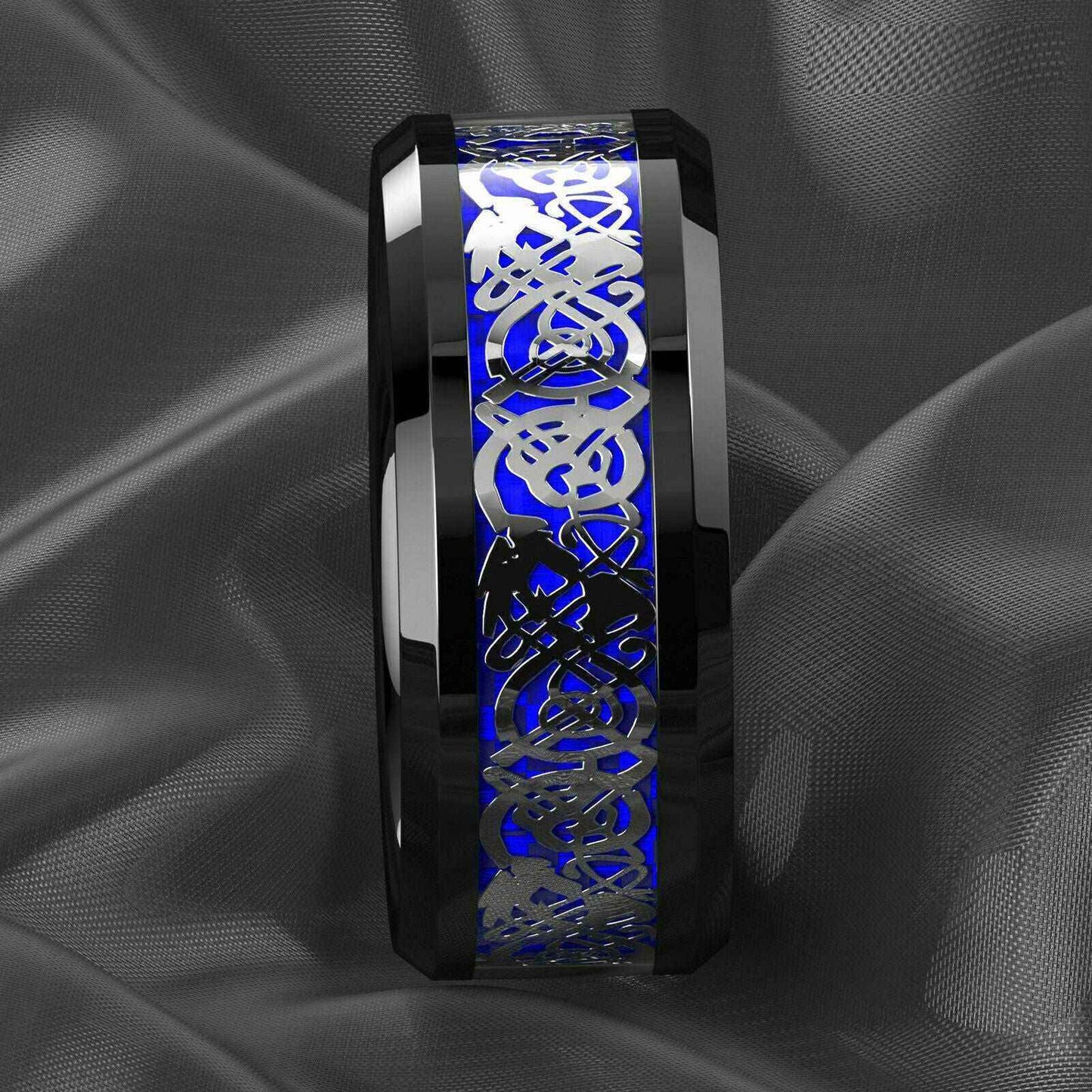 Silver Blue Celtic Dragon Tungsten Ring 8mm