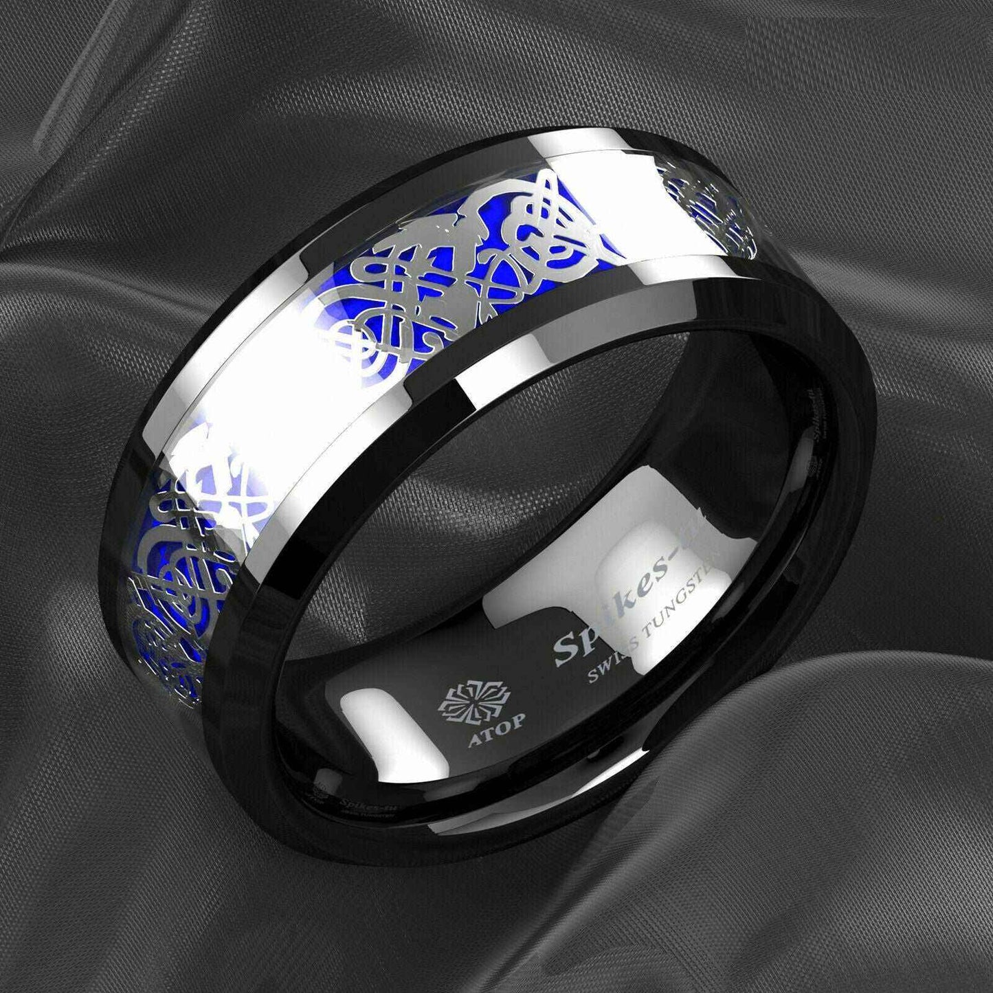 Silver Blue Celtic Dragon Tungsten Ring 8mm