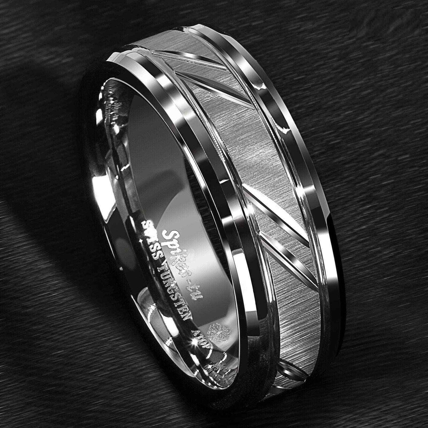 Mens Silver Stripes Tungsten Ring (8mm)