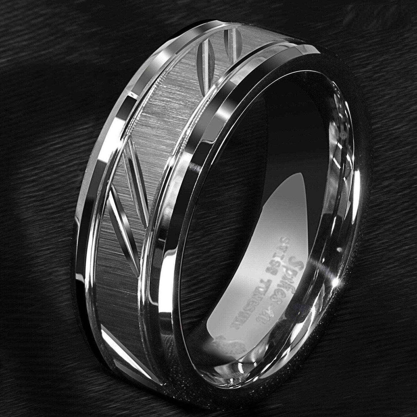 Mens Silver Stripes Tungsten Ring (8mm)
