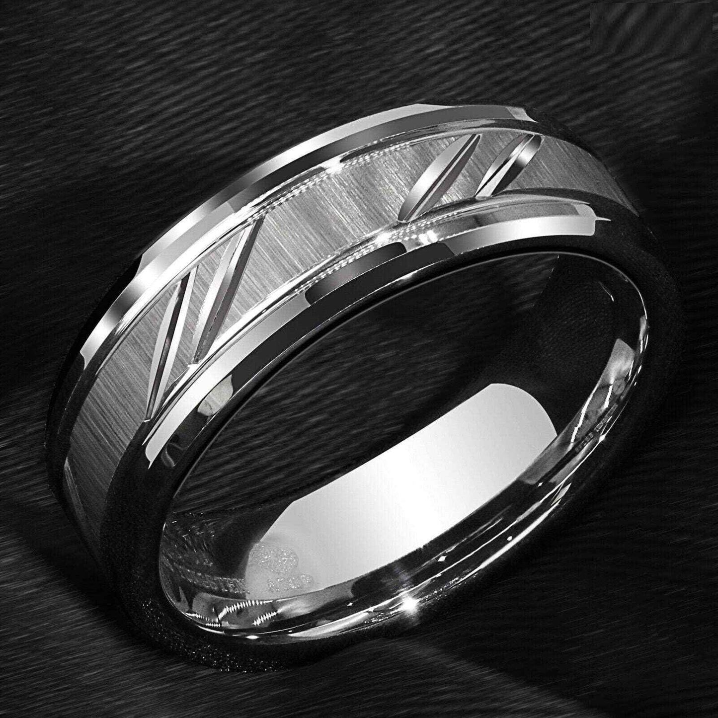 Mens Silver Stripes Tungsten Ring (8mm)
