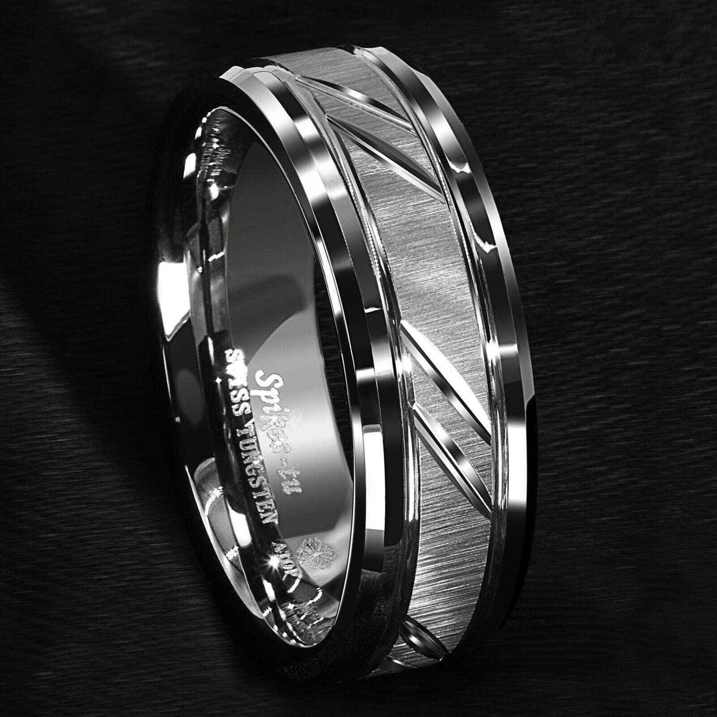 Mens Silver Stripes Tungsten Ring (8mm)