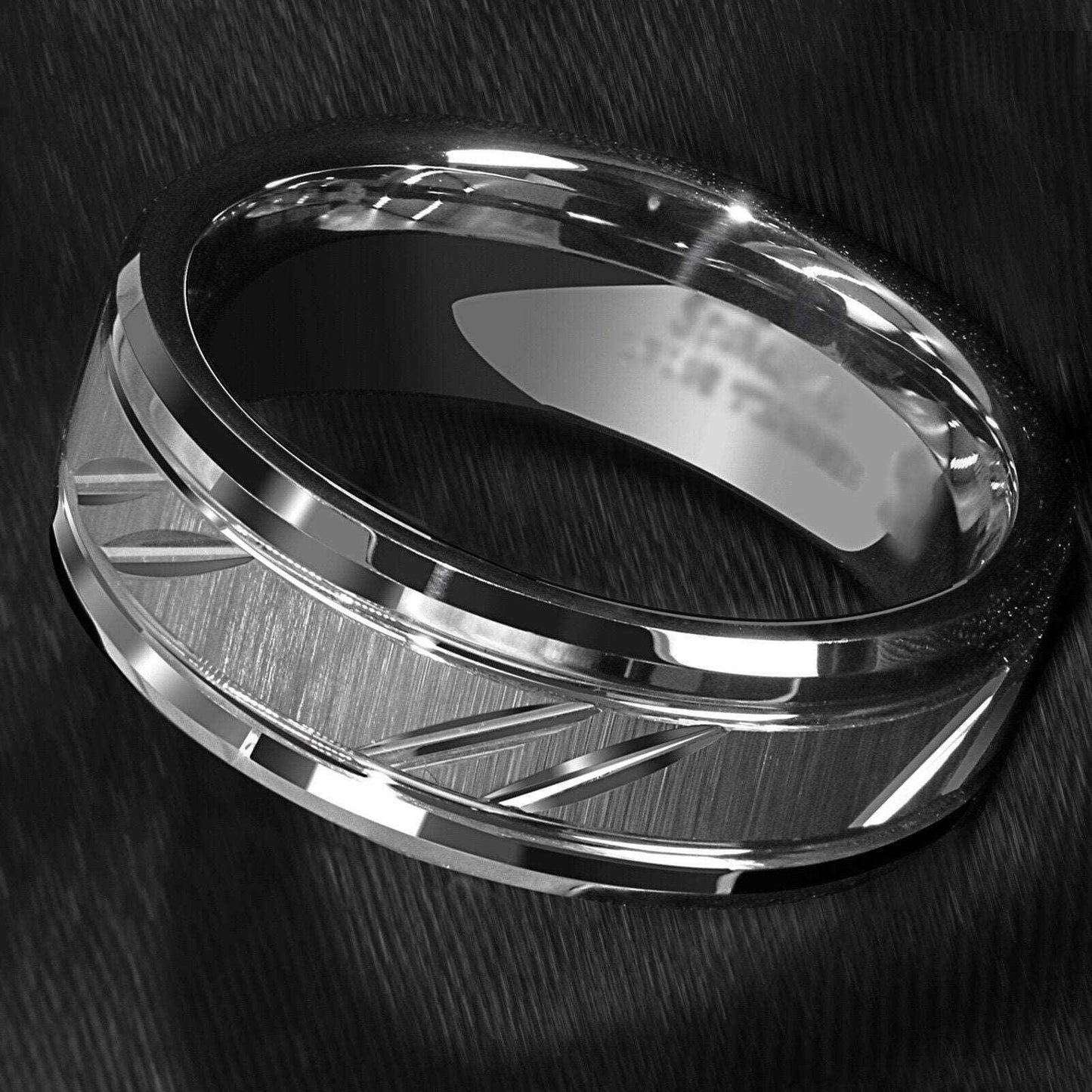 Mens Silver Stripes Tungsten Ring (8mm)