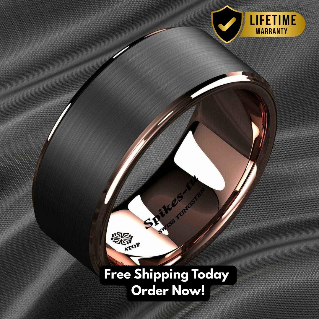 Mens Black Rose Gold Brushed Tungsten Ring - 8mm