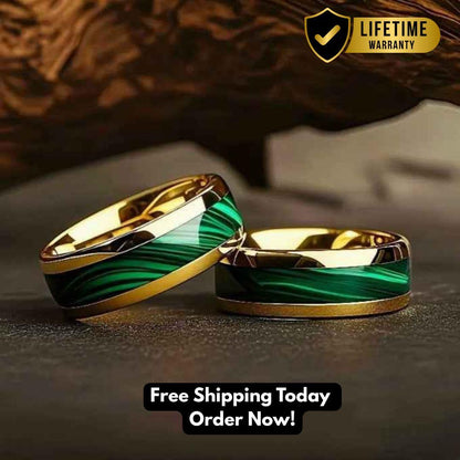Mens Anniversary Wedding Dress Ring Gold Band with Marble Green