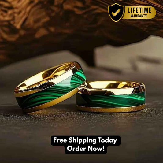 Mens Anniversary Wedding Dress Ring Gold Band with Marble Green