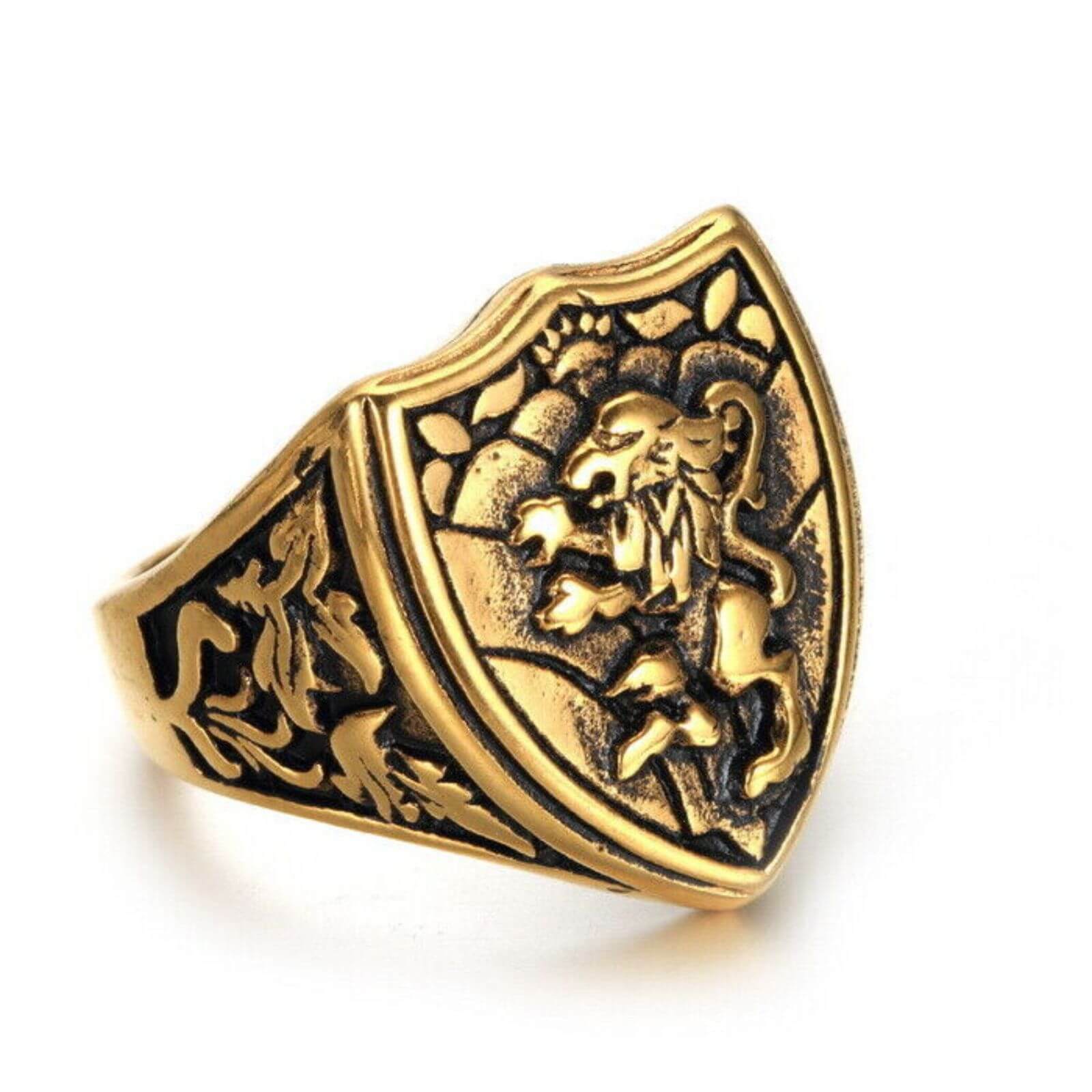 Vintage Lion Design Gold Titanium Ring - Mens Rings Australia