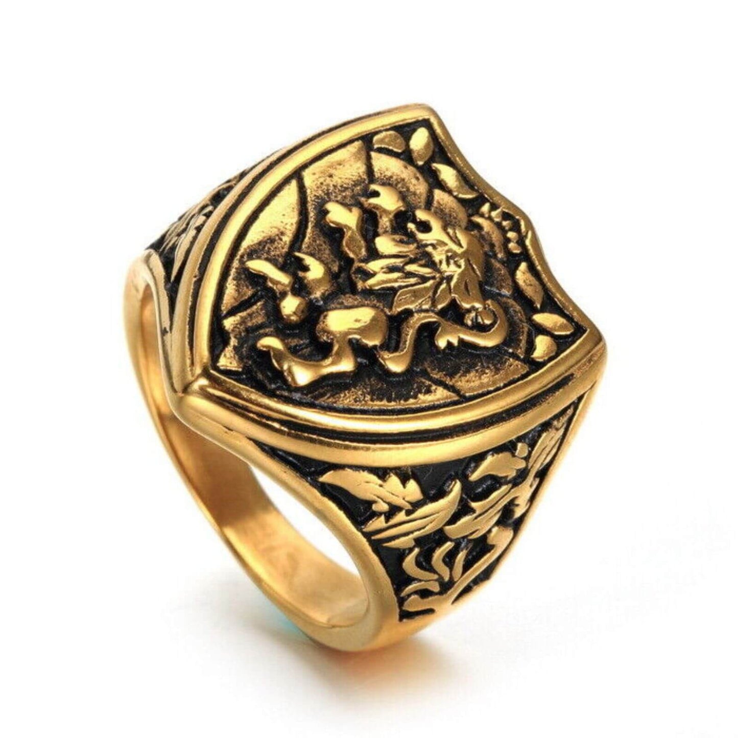 Vintage Lion Design Gold Titanium Ring - Mens Rings Australia