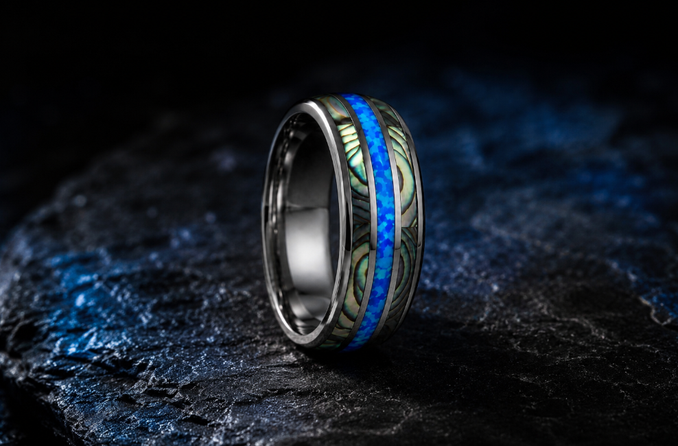 Silver Blue Opal Mens Titanium Ring