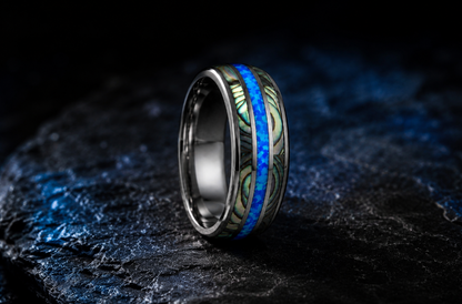 Silver Blue Opal Mens Titanium Ring