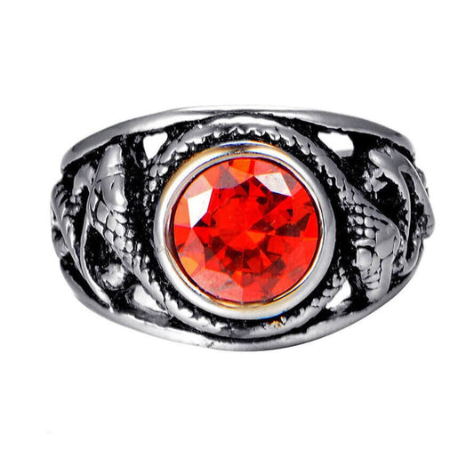 Snake Red Crystal Mens Silver Ring - MRA